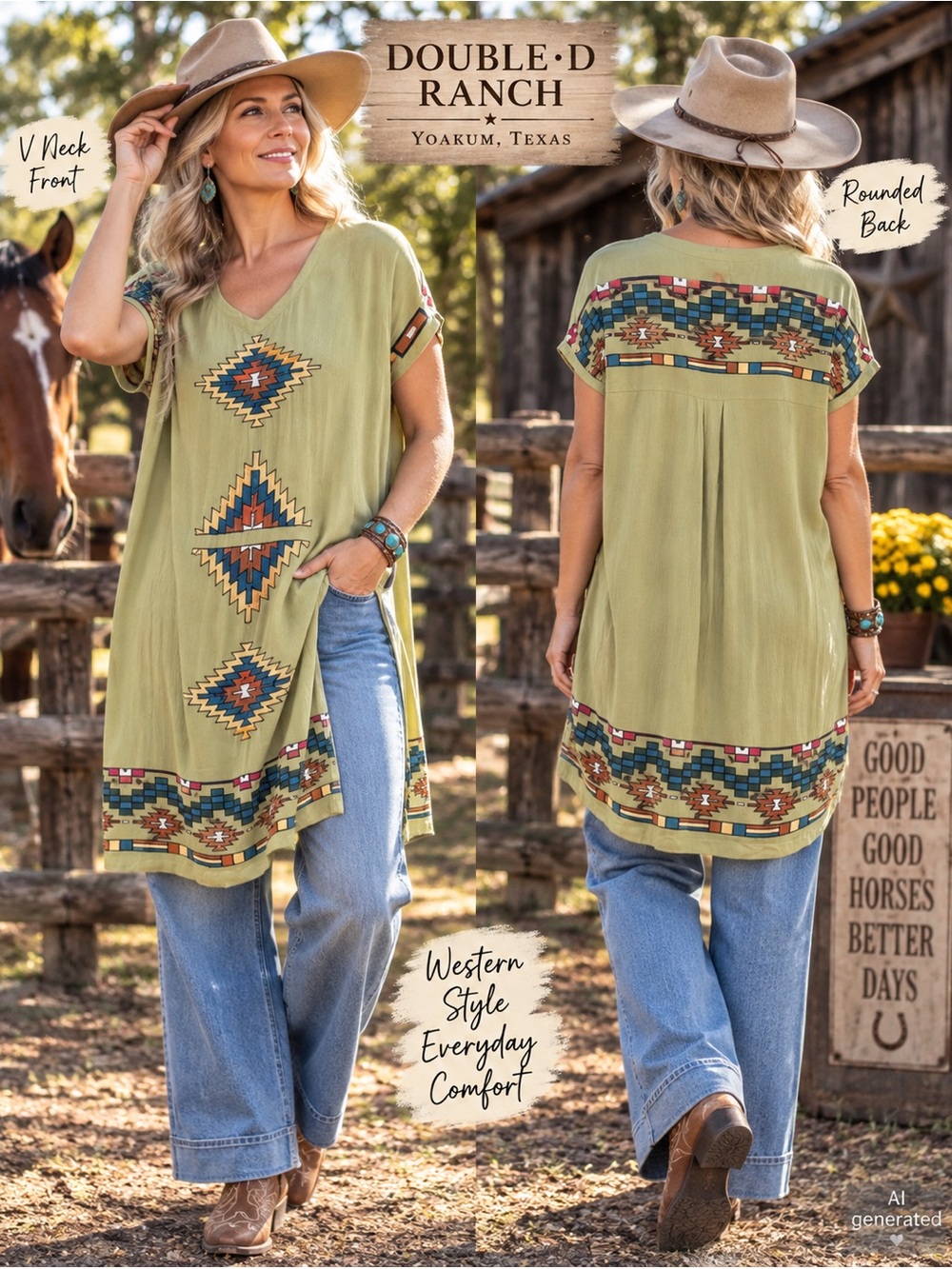 Double D Ranch Embroidered V-Neck Tunic Top - Sage Green